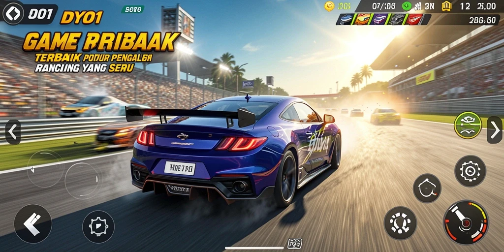 Gameplay DYO1 dengan mobil balap yang melaju cepat di lintasan.
