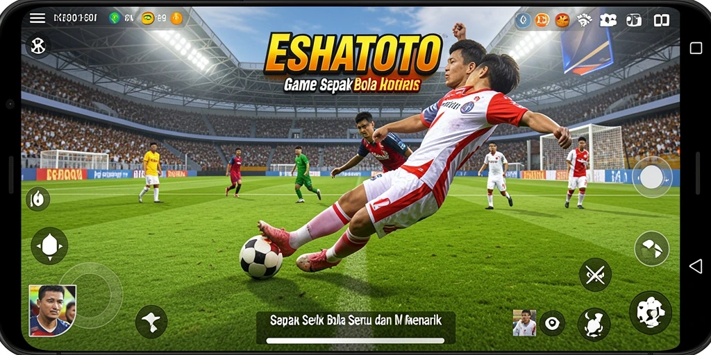 Screenshot dari gameplay ESHATOTO yang menggambarkan aksi sepak bola intens.