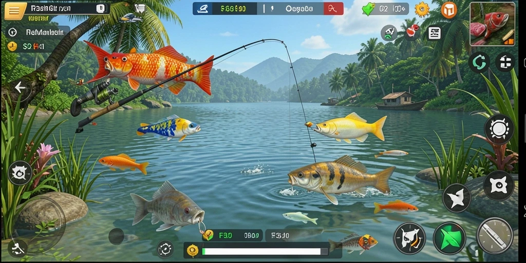 Screenshot F32 menampilkan aksi memancing yang seru dan menarik.