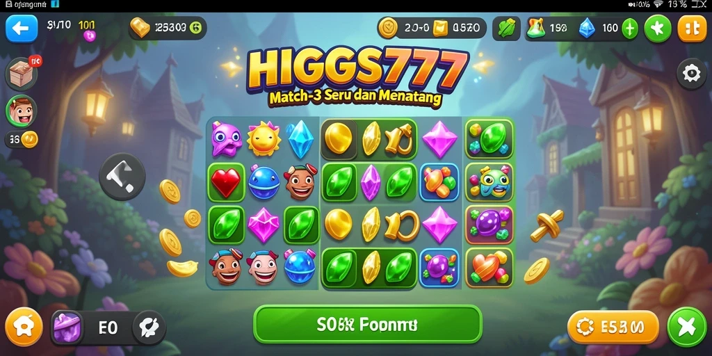 Screenshot HIGGS777 menampilkan gameplay Match-3 yang seru dan penuh warna.