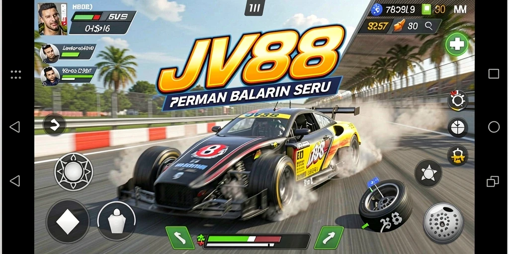 Screenshot utama JV88 menampilkan aksi balapan yang mendebarkan dan mobil yang keren.