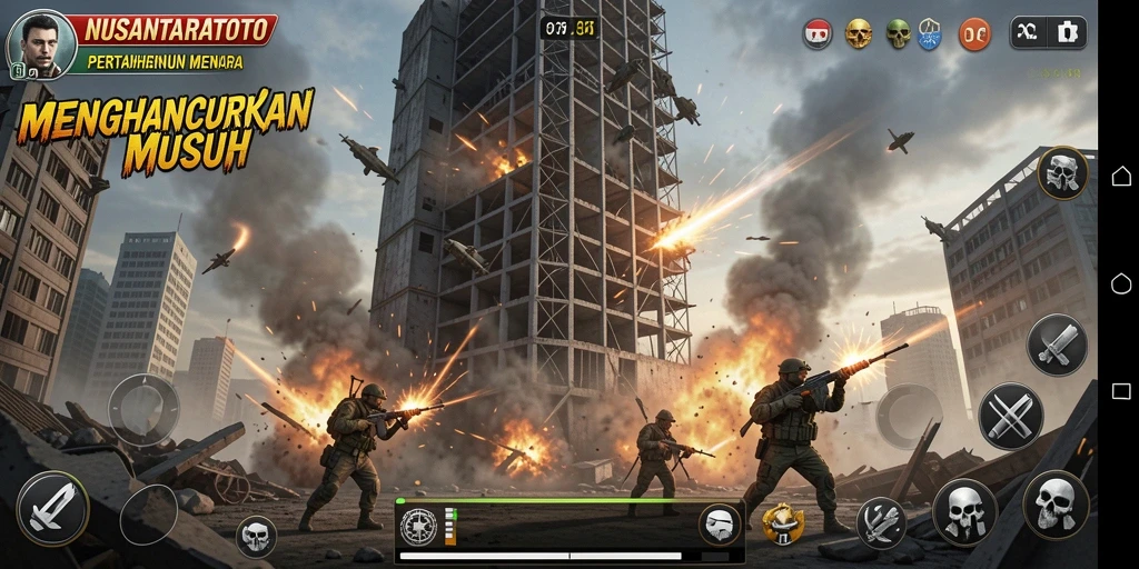 Tampilan gameplay menara dan pertahanan melawan serangan musuh.