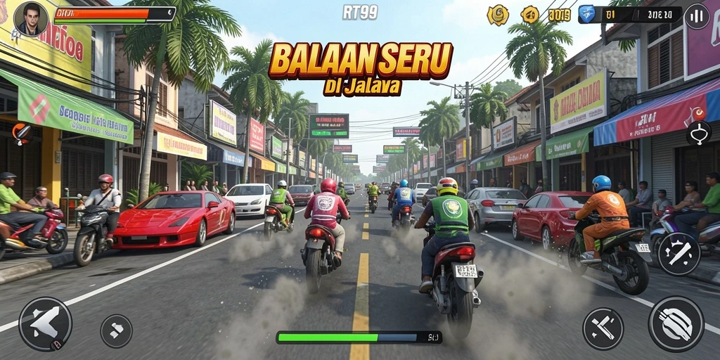 Screenshot gameplay RT99 yang menampilkan balapan mendebarkan di jalanan.
