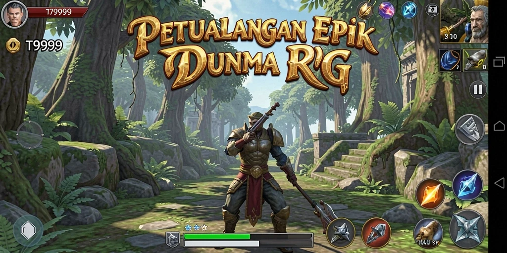 Screenshot gameplay T9999 menampilkan pertempuran epik di dunia RPG.